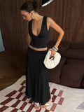 Chic Light Blue 2 Piece Outfit Women Deep V Neck Sleeveless Ruched Crop Top Low Waist Flowy Maxi Skirt Suit Party Matching Sets