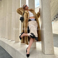 Runway Fashion Yellow Striped Maxi Long Faux Fur Coat Jacket Women Winter Brand Fluffy Fox Fur Overcoat Girls Outerwear