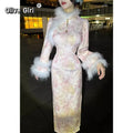 Autumn and Winter Thick Style Gentle Wool Cheongsam Dress Qipao Dress Pink Flower High-end Women'sTraditional Chinese Clothing