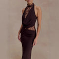 Elegant Red Brown Lace Patchwork Long Dress Women's Turtleneck Draped Collar Dresses Evening Party Wedding Guest Summer White
