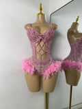Luxury Women Sexy Shiny Crystal Feathers Hollow Out Bodysuit Nightclub Performance Dance Costume Nightclub Singer Stage Wear