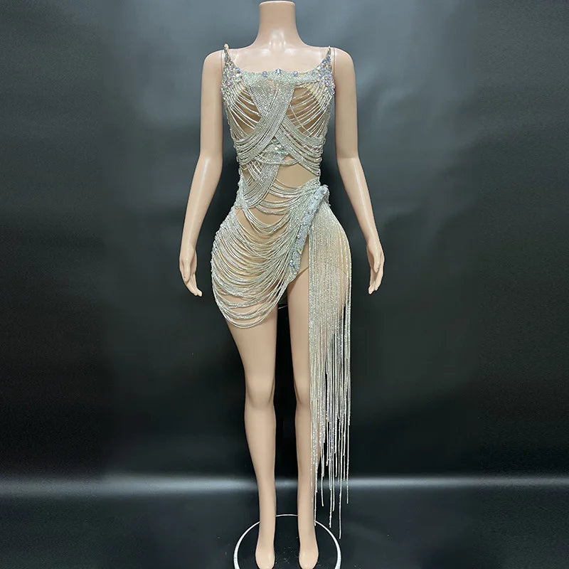 Dress Manufacturer Small Orders Shinny Diamond Tassel Chain Bodycon Mini Dress Woman Sexy Runway Mujer Ropa