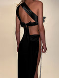 Sequin Flowers 2Piece Set Women Sexy Beach Vacation y2k Chic Skew Collar Tank Tops+Bandage Maxi Split Skirts Clubwear