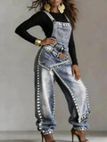 Women Denim Jumpsuit Sleeveless High Waist Baggy Rhinestone Irregular Patchwork Streetwear Party Summer
