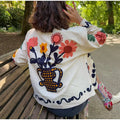 Colorful Flower Printed Pattern Cardigan Women O Neck Long Sleeves Patch Pockets Loose Short Coat Women Daily Commute Outwear