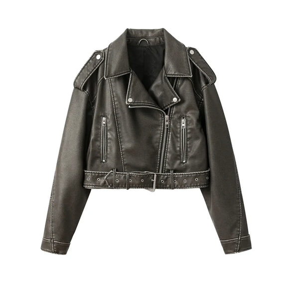New Coal Graysty Le Women's Washed Leather Jacket with Belt, Short Coat with Downgraded Zipper and Vintage Lapel Jacket