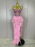 Women Sexy Elegant Evening Party Luxury Birthday Photo Shoot Performance Costume Sparkly Rhinestone Feather Mesh Long Dress