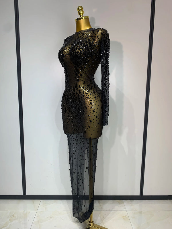 Luxury Rhinestones Mesh Bodycon Long Dress Celebrate Birthday Party Photo Shoot Long Sleeve Performance Costume Stage Outfit