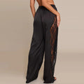 Casual Lace Satin Patchwork Pants Women See Through High Waist Lace Up Straight Trousers 2026 Spring Lady Solid Chic Trouser