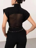 Black Loose Spliced Mesh Jumpsuits for Women Stand Collar Sleeveless Sexy Temperament Jumpsuit Female Fashion New
