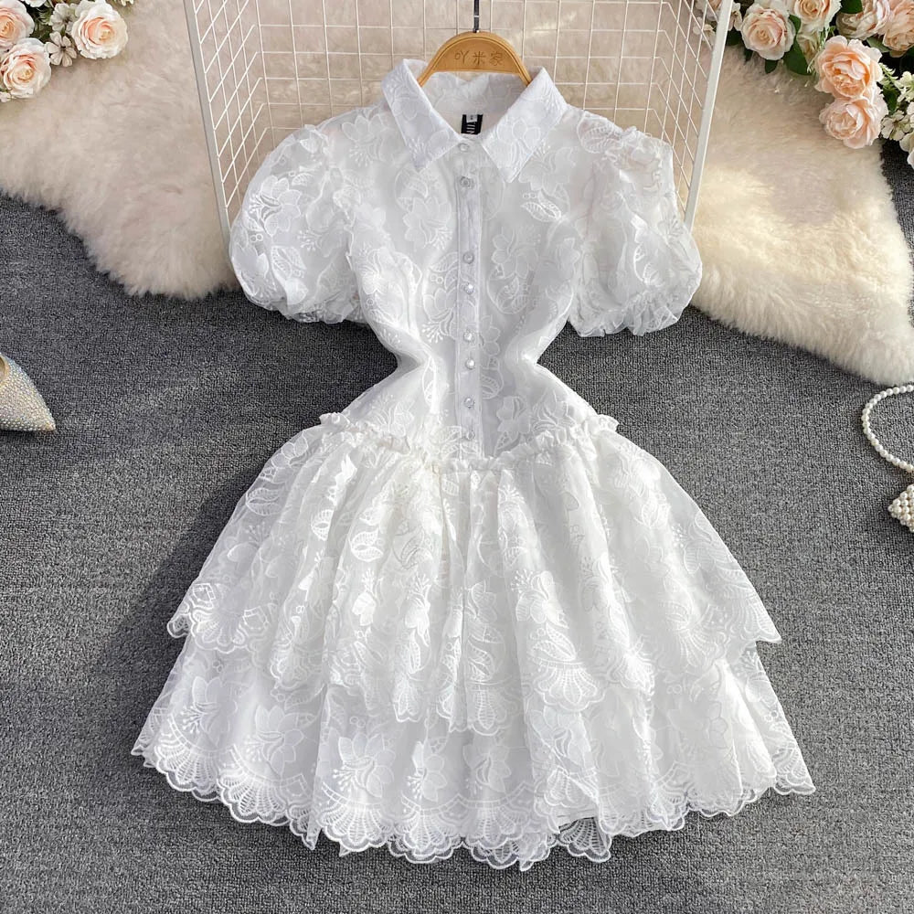 Women Short Sleeve Lace Embroidery A-line Tiered Mini Dress  Sweet Elegant Sexy Evening Night Party Vestidos Dresses
