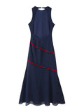Elegant Spliced Sheer Mesh Dress for Women O Neck Sleeveless High Waist Hit Color Slimming Evening Dresses Female