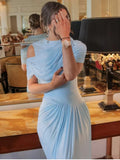 Patchwork Shawl Bodycon Party Maxi Dresses for Women O Neck Short Sleeve High Waist Evening Temperament Folds Dress Female