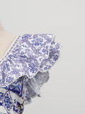 Fashionable Retro Printed Short Dresses for Women Deep Neck Ruffles Sleeve High Waist Patchwork Puff Dress Female Clothing