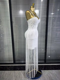 4 Colors Women Sexy Strap Shining Beading Long Tassles Bodycon Long Bandage Dress Elegant Evening Party Celebrate Birthday Wear
