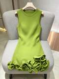 Sleeveless Crew Neck Knit Mini Dress for Women Solid Color 3D Layered Ruffle Trim Bodycon for Club Cocktail Night Out Party