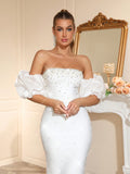 Women Sexy Strapless Diamond Maxi Long Bodycon Bandage Dress With Bubble Sleeves 2025 Elegant Evening Wedding Party Gowns
