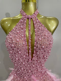 Women Luxury Rhinestones Pearls Feathers Halter Backless Short Dress Women Sexy Celebrate Birthday Dress Nightclub Stage Costume
