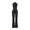 Sexy Jumpsuit Woman Metal Knot Patchwork Jacquard Ruched Waist Stretch Skinny Midnight Workout Streetwear Overalls