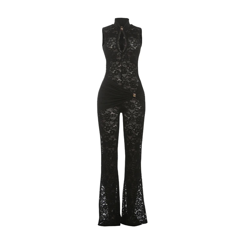 Sexy Jumpsuit Woman Metal Knot Patchwork Jacquard Ruched Waist Stretch Skinny Midnight Workout Streetwear Overalls