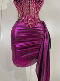 Women Party Celebration Sexy Stage Nightclub Outfit Sparkly Diamonds Crystals Mesh Short Two Pieces Set Luxury Birthday Dress