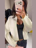 Elegant Women's Knitted Cropped Jacket Coat Cardigan Long Sleeve Sweater Top Streetwear Outfit 2026 Spring New Casual Daily Wear
