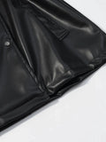 Black Slimming Leather Jacket for Women Lapel Long Sleeve Patchwork Double Breasted Fashionable Coat Female Autumn
