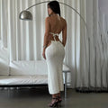 Women 2 Piece Set Sexy Halter Sleeveless Triangle Bra Crop Top Hollow Maxi Skirt Set Slim Knit Summer Beach Vacation Set