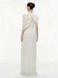 Apricot Spliced Mesh Folds Shawl Design Long Dresses For Women Sleeveless High Waist Temperament Maxi Dress Female 2026