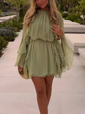 Solid Minimalist Mini Dresses For Women Round Neck Long Sleeve High Waist Elegant Dress Female Fashion New Style