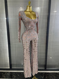 Sparkly Rhinestones Mirrors Women Long Sleeve High Stretch Bodycon Long Jumpsuit Bar Singer Performance Cotumes Stage Wear