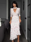 White Pink Floral Choker Neck Dress Women Elegant V-neck 3/4 Sleeves Peplum Ruffle Hem Long Dresses 2026 Lady Daily Vestidos New