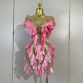 Women Pink Leaf Mesh Stretch Mini Dress Sparkly Diamond Evening Party Birthday Wedding Gown PhotoShoot Sexy Nightclub Stage Wear