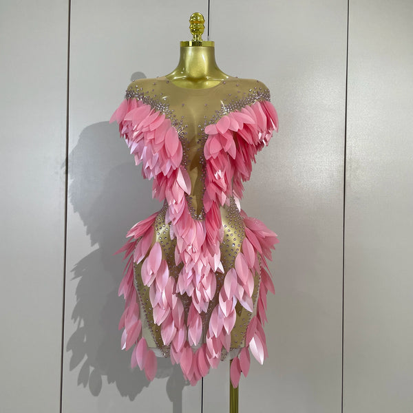 Women Pink Leaf Mesh Stretch Mini Dress Sparkly Diamond Evening Party Birthday Wedding Gown PhotoShoot Sexy Nightclub Stage Wear