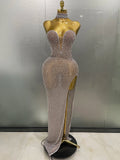 Luxurious Full Rhinestones Mesh Transparent Long Dress Women Birthday Celebrate Evening Prom Dress Party Club Stage Costume
