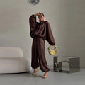 Casual Loose Coats Pants Set Women Full Sleeve Lapel Zippers Solid Coat Long Straight Pleated Pant Sets 2026 Autumn Lady Suit