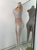 Women Sexy Spandex Rhinestones Sleeveless Tight Jumpsuit Celebrate Birthday Evening Club Rompers Photo Shoot Wear