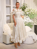 2026 Solid Elegant Spliced Ruffles Dresses For Women Off Shoulder Sling High Waist Long Dress Female Clothing Fashion