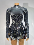 Luxury Sequins Long Sleeve Mini Dress Women Sexy Spandex Performance Dance Costume Party Celebrate Night Club Stage Outfit