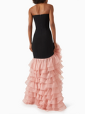 Women'S Sexy Strapless Bandage Slim Long Dress With Floral Decoration Layered Ruffle Edge Patchwork Dress Wedding Party