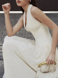Sexy Evening Tunic Spliced Buttons Dress for Women V Neck Sleeveless High Waist Patchwork Folds Temperament Dresses Female