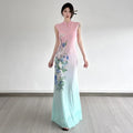 Printed Pink Green Elegant Cheongsam Dress Retro slim-fit Mesh Sleeveless Long Dress For Women Dance Qipao