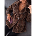Solid Faux Shearling Coat Women Stand Collar Asymmetric Button Faux Leather Patchwork Winter Streetwear Thick Plush Outerwear