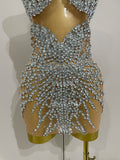 Sparkly Rhinestones Sexy Mesh See Through Mini Dress Party Evening Prom Celebrate Birthday Dress Singer Dancer Show Stage Wear