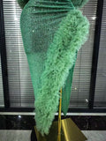 Mint White Color Women Mesh Ruffles Laced-up 2 Pieces Sequins Bodycon Long Dress Nightclub Bar Singer Party Performance Costumes