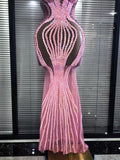Luxury Pink Sparkly Squined Mermaid Dress Strapless Mesh See Transparent Birthday Party Outfit Celebrate Show Designer Vestidos