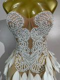Luxury Sparkly Diamonds Pearls Strapless Mesh Maxi Dress Elegant Eveing Birthday Party Sexy Nightclub Performance Stage Costume