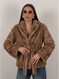 Multi Color Faux Fur Wide Lapel Belted Wrap Jacket Trendy Luxury Long Sleeve Soft Plush Winter Party Daily Office Outerwear 2026