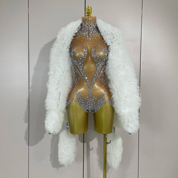 Sexy Stage Sparkly Rhinestone Mesh See Through Crystal Bodysuits Women Luxury Birthday Dancer Nightclub Bar Performance Outfit