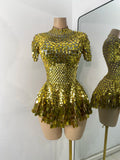 Sexy Women Short Sleeve Sparkly Sequins Stage Dress Luxury Evening Party Nightclub Performance Costume Stage Wear